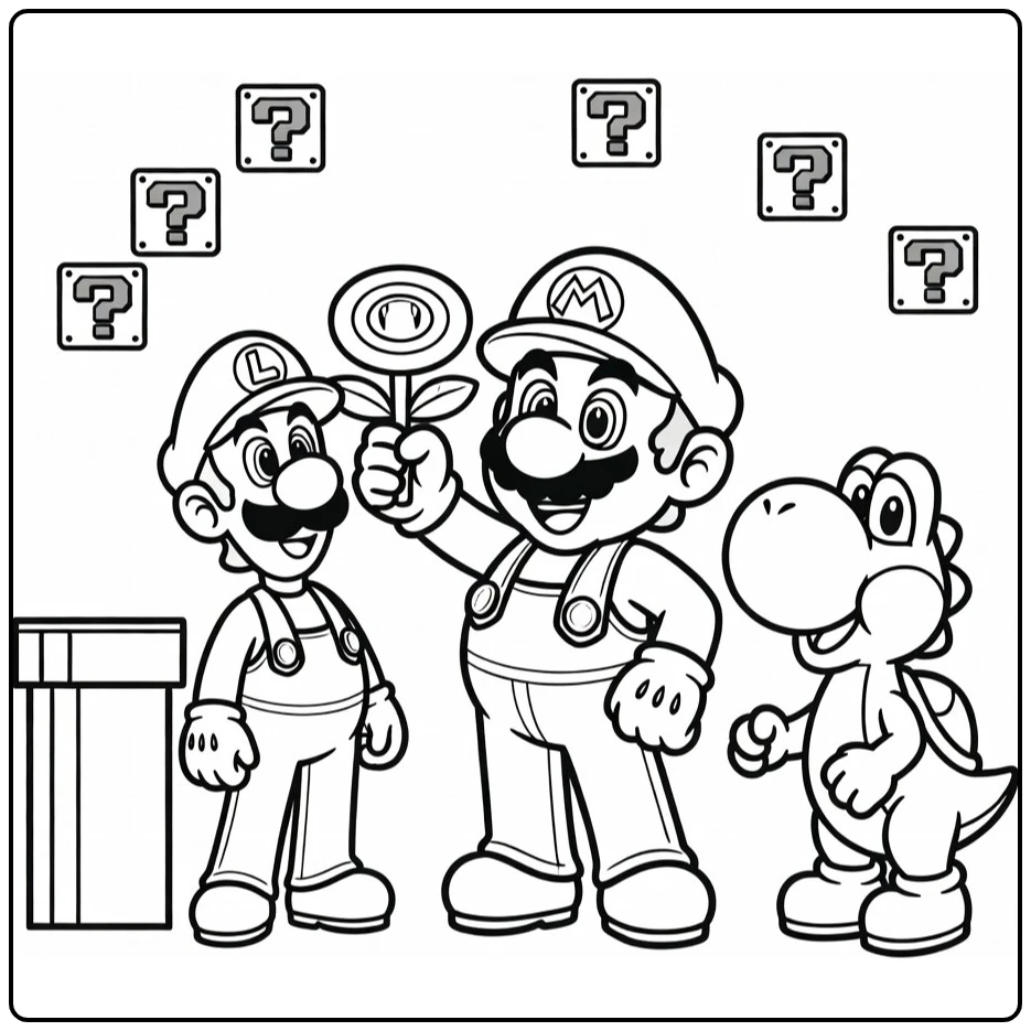 mario kleurplaat makkelijk: Mario met VuurBloem, Luigi & Yoshi