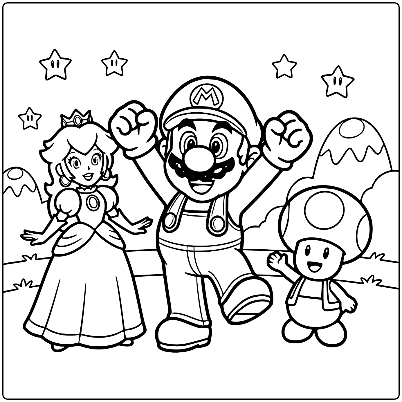 mario kleurplaat makkelijk: Mario viert vrolijke overwinning met Peach