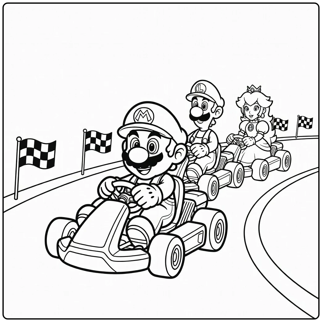 mario kleurplaat makkelijk: Mario in kart met Luigi en Peach