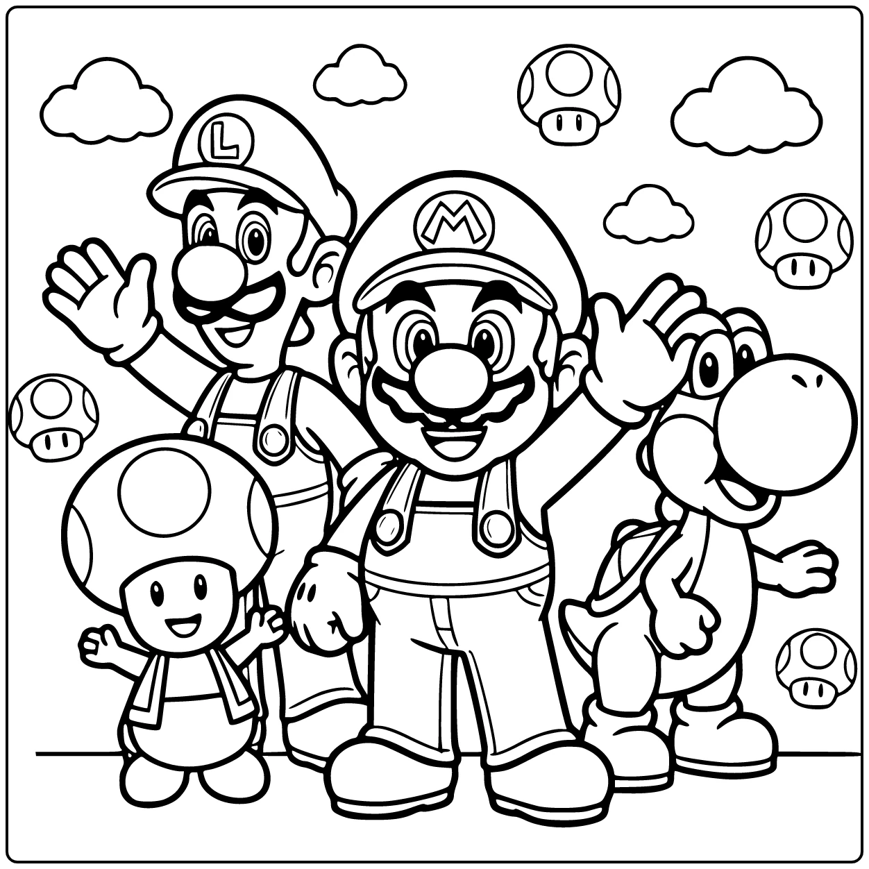 mario kleurplaat makkelijk Mario zwaait vrolijk met Luigi Toad Yoshi
