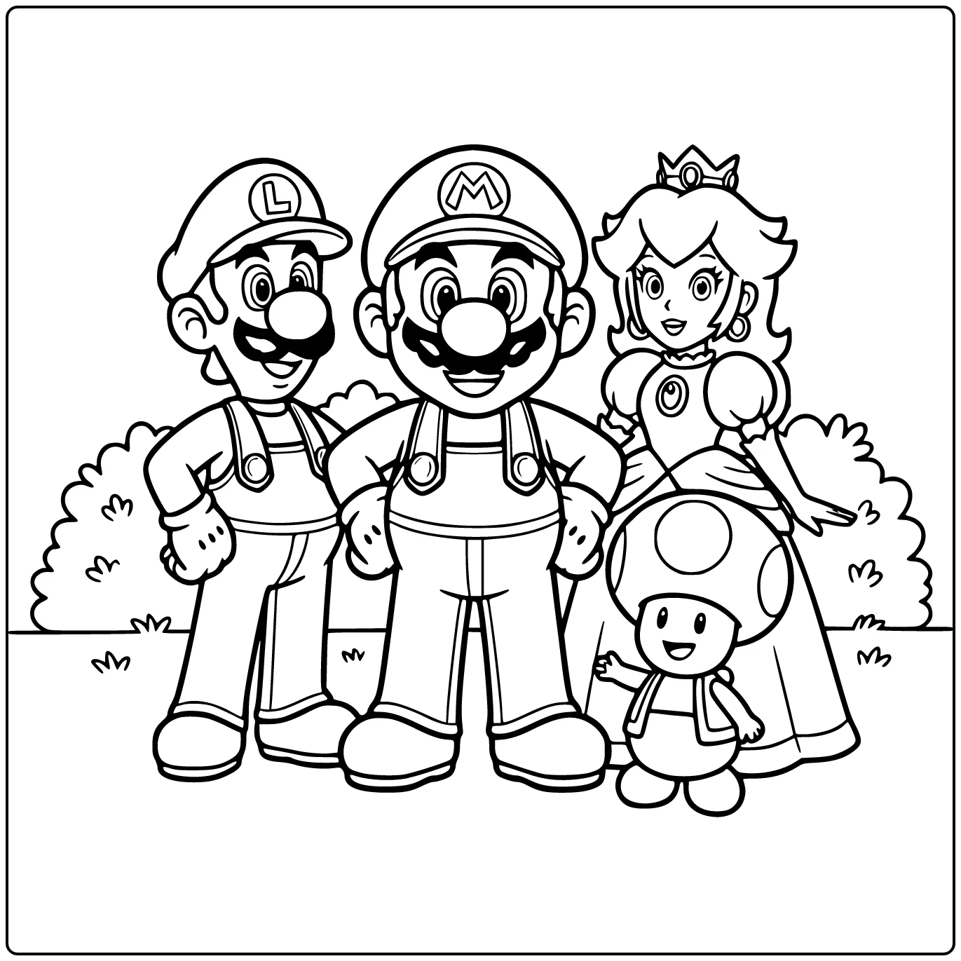 mario kleurplaat makkelijk: Mario trots in centrum met pet en overalls, Luigi aan rand