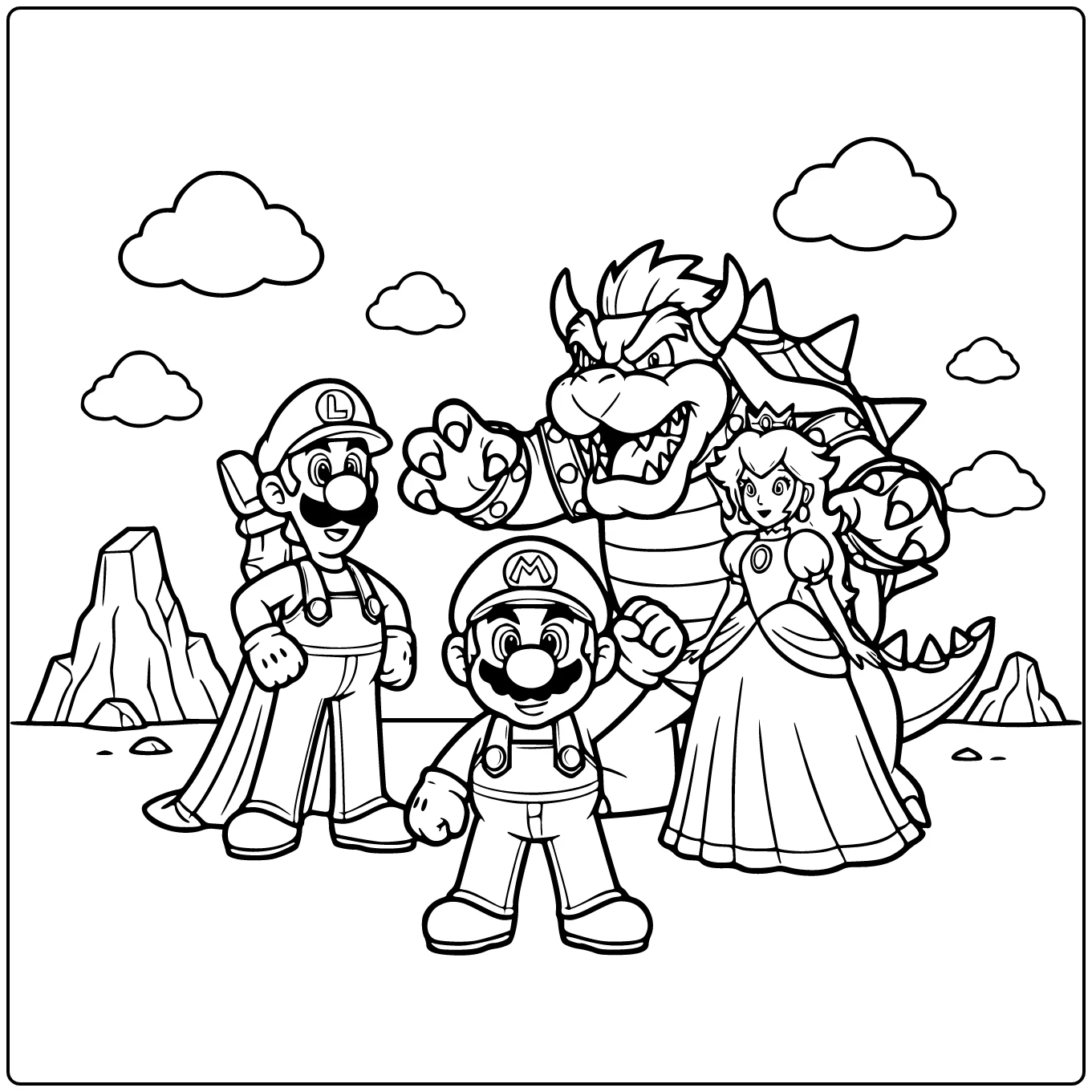 Mario kleurplaat makkelijk: Mario midden tegen Bowser, Luigi Peach