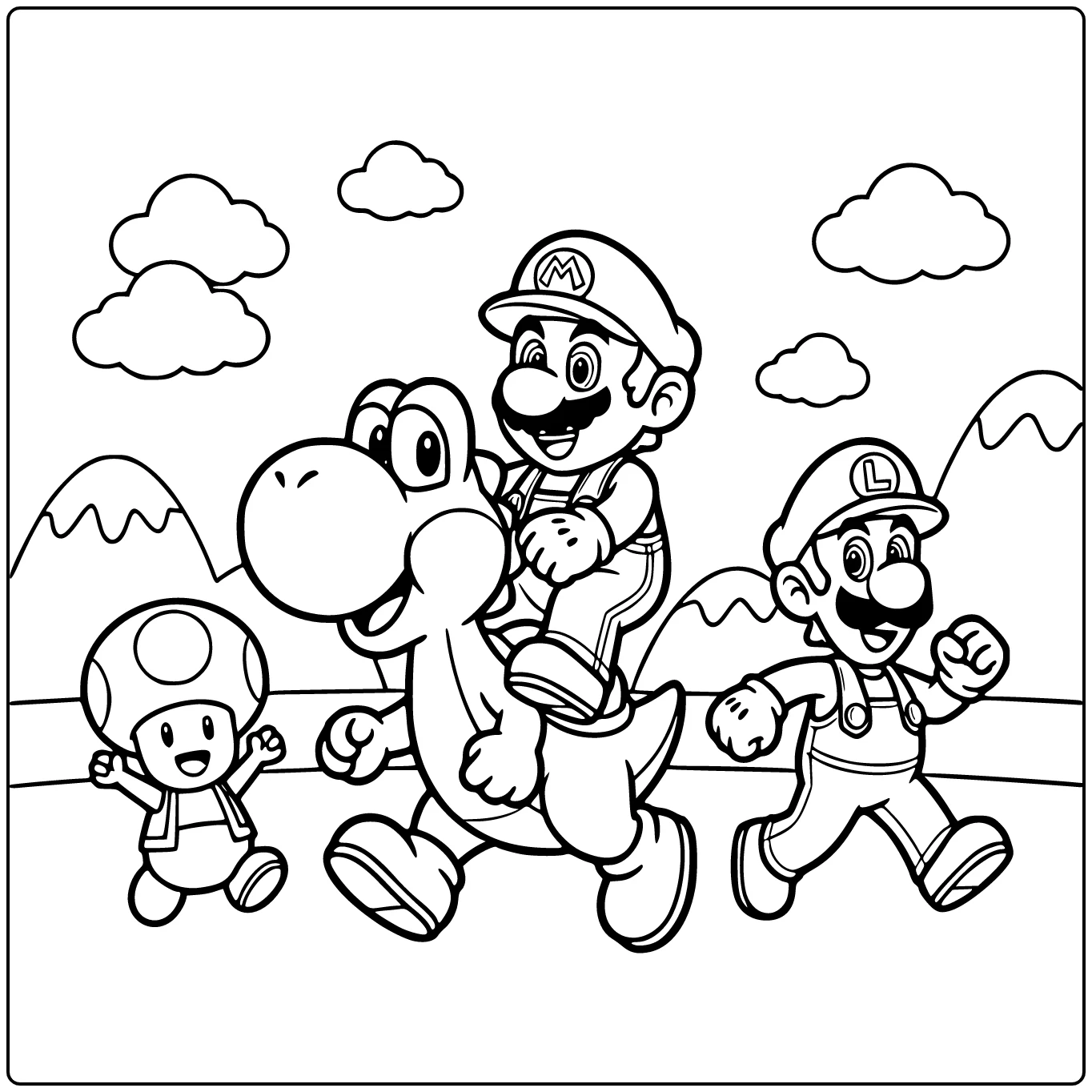 mario kleurplaat makkelijk: Mario op Yoshi, Luigi rent naast