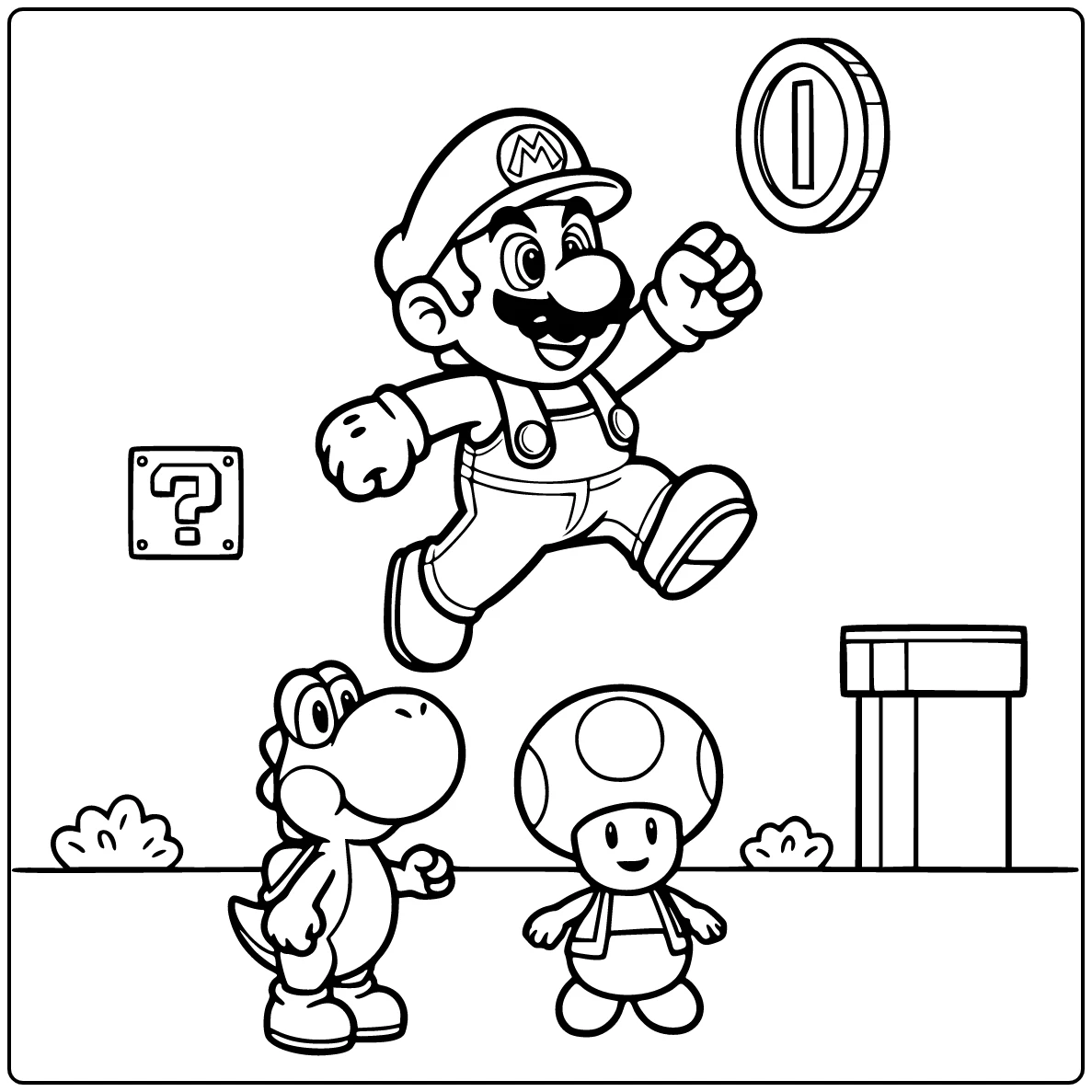 Mario kleurplaat makkelijk: Mario springt naar zwevende munt