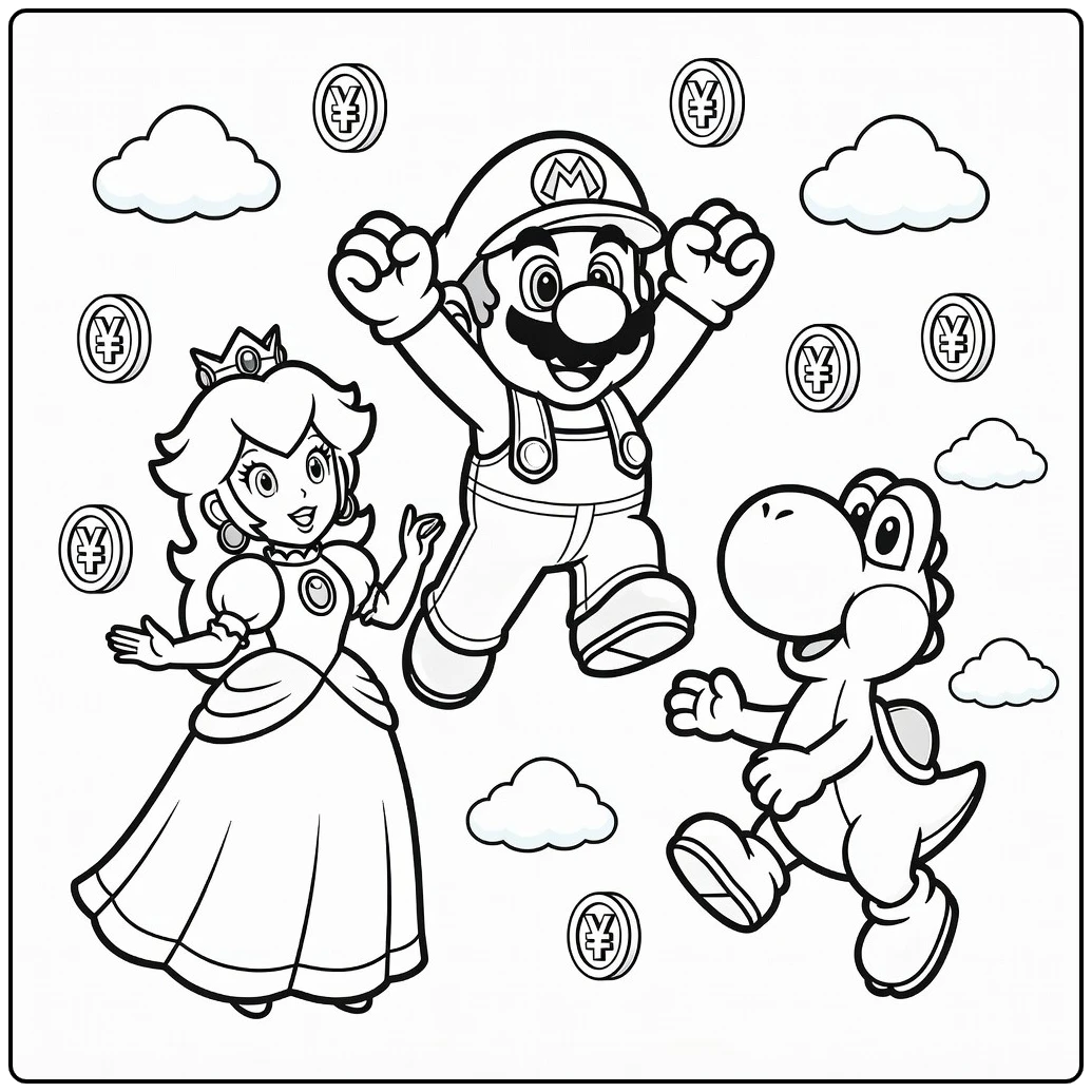 mario kleurplaat makkelijk Mario springt met Peach Yoshi