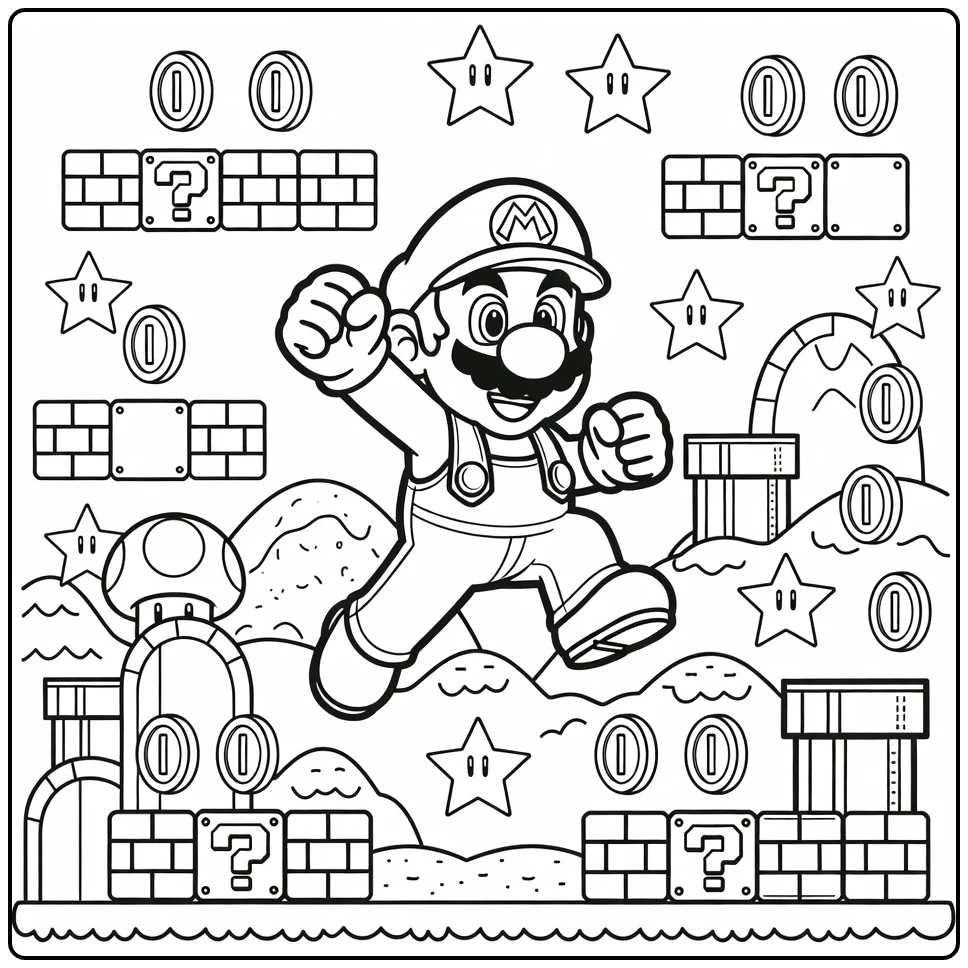 mario kleurplaat moeilijk: heroïsche Mario met blokken, munten, sterren