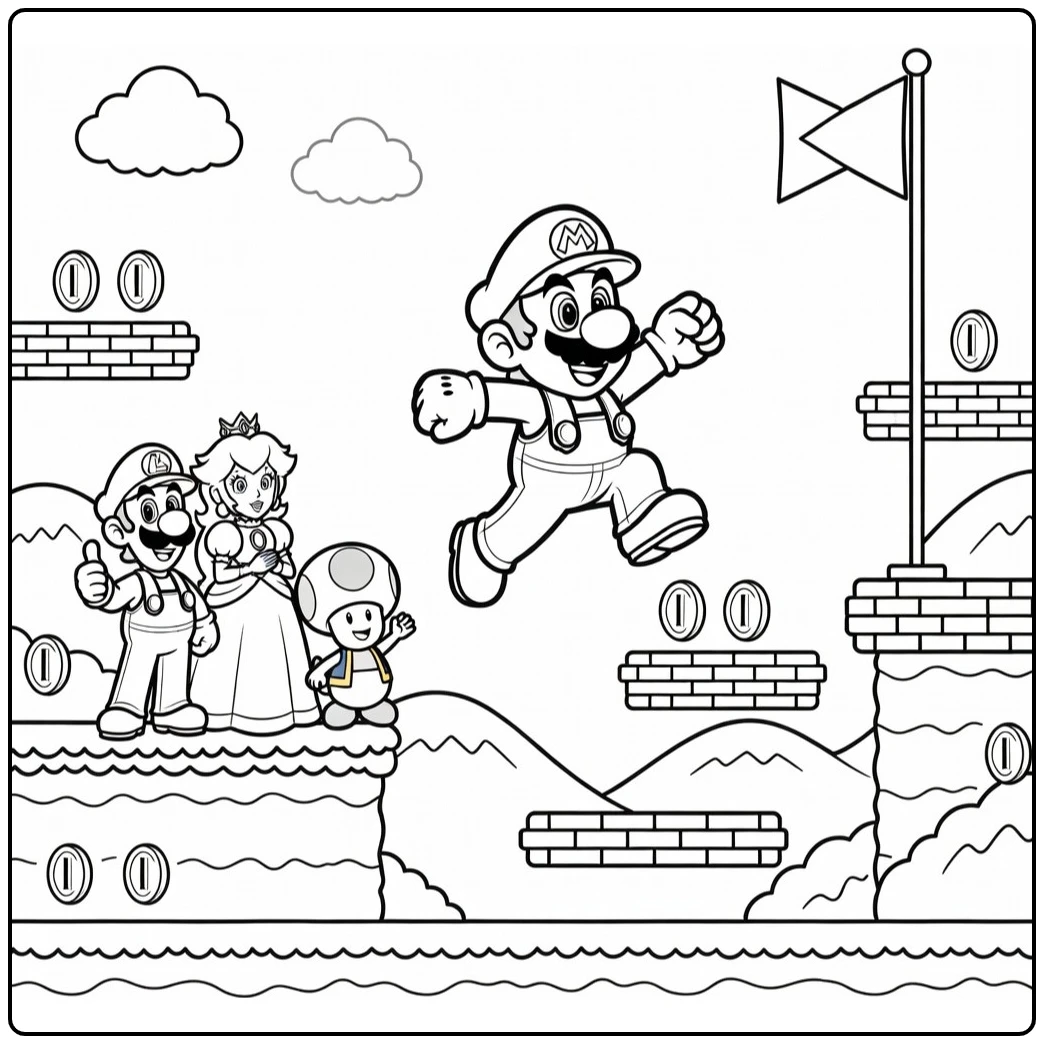 mario kleurplaat moeilijk: Mario springt naar vlaggenpaal