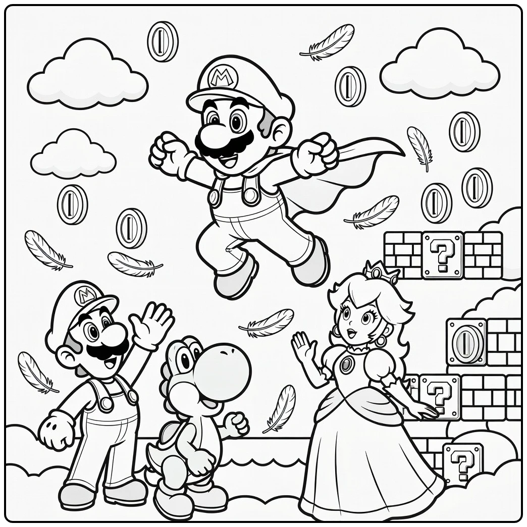 mario kleurplaat moeilijk: Mario met vliegcape, Luigi Yoshi