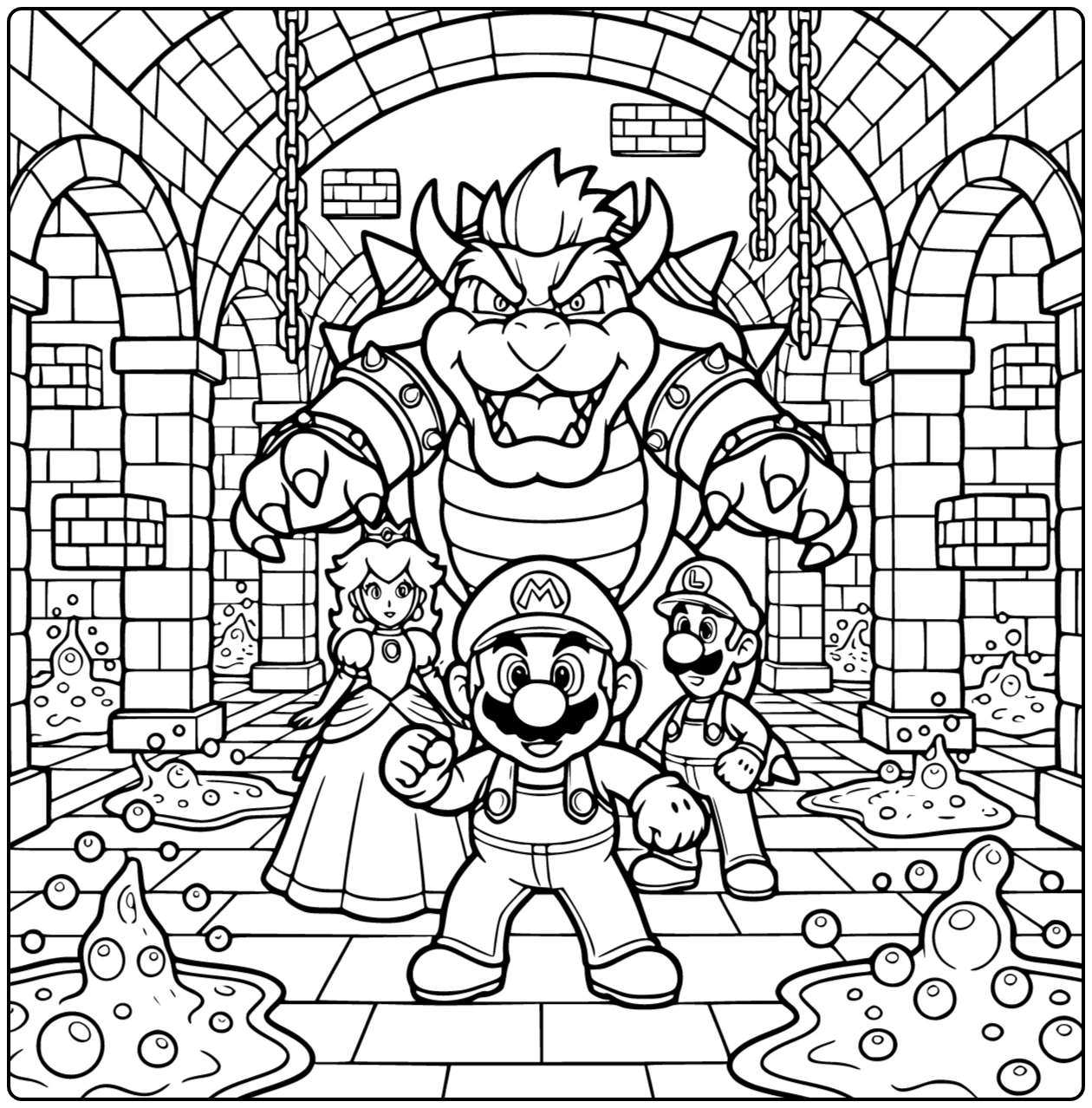 Mario kleurplaat moeilijk: Mario vs Bowser in kasteelgang