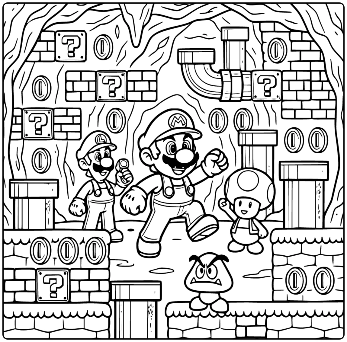 mario kleurplaat moeilijk: Mario verkent ondergronds level met Luigi