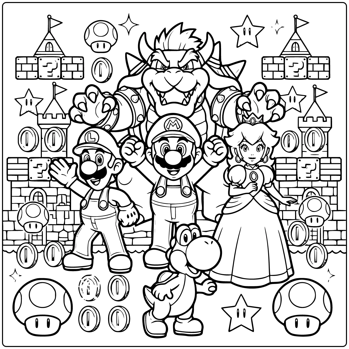 mario kleurplaat moeilijk: Mario met Luigi, Peach en Bowser