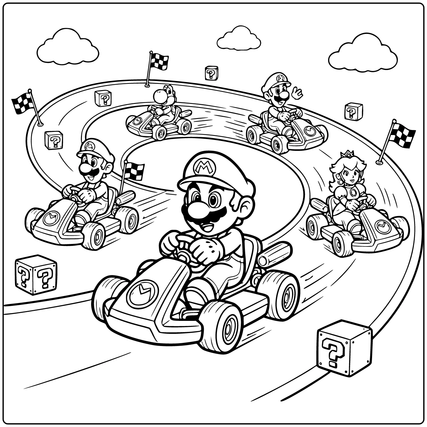mario kleurplaat moeilijk Mario in kart hoge snelheid Luigi rand