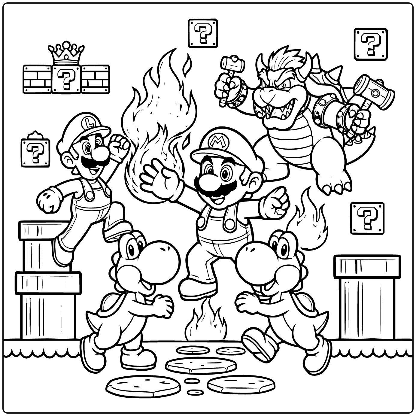 mario kleurplaat moeilijk: Vuur Mario gooit vuurbal centraal