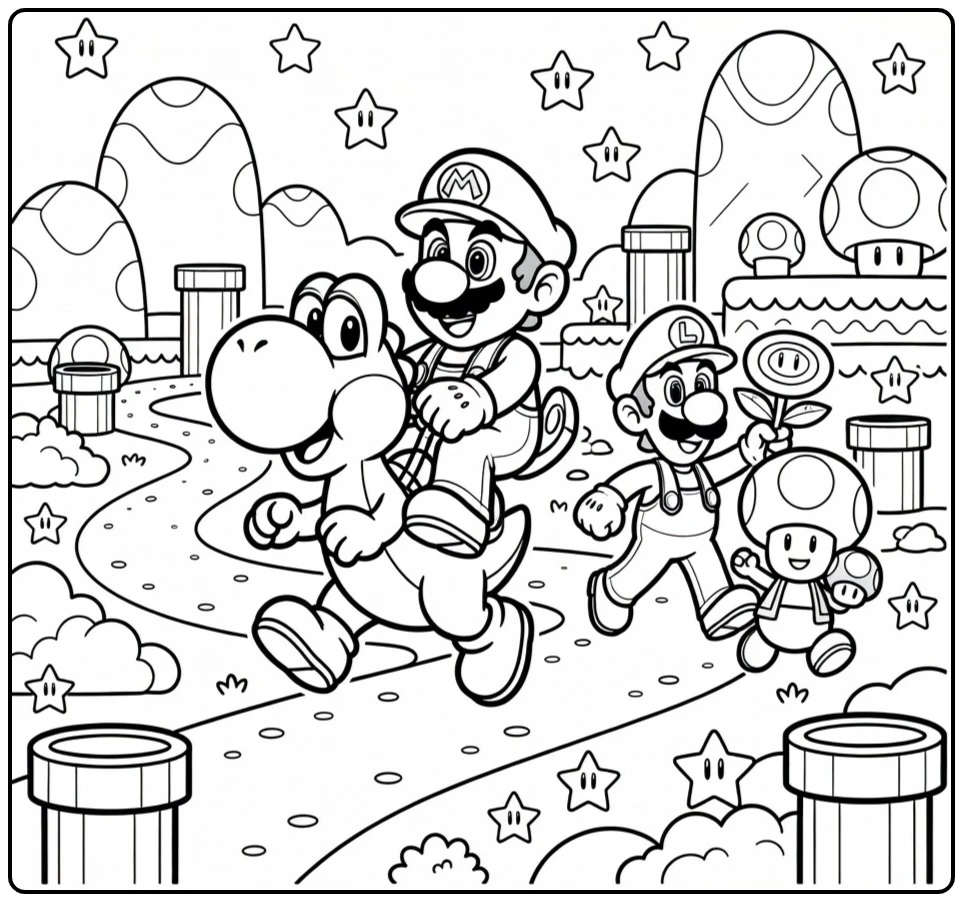 mario kleurplaat moeilijk: Mario op Yoshi in Paddenstoelrijk