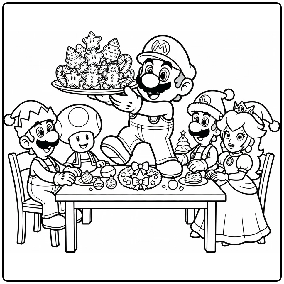 Kleurplaat mario kerst: Mario draagt blad kerstkoekjes