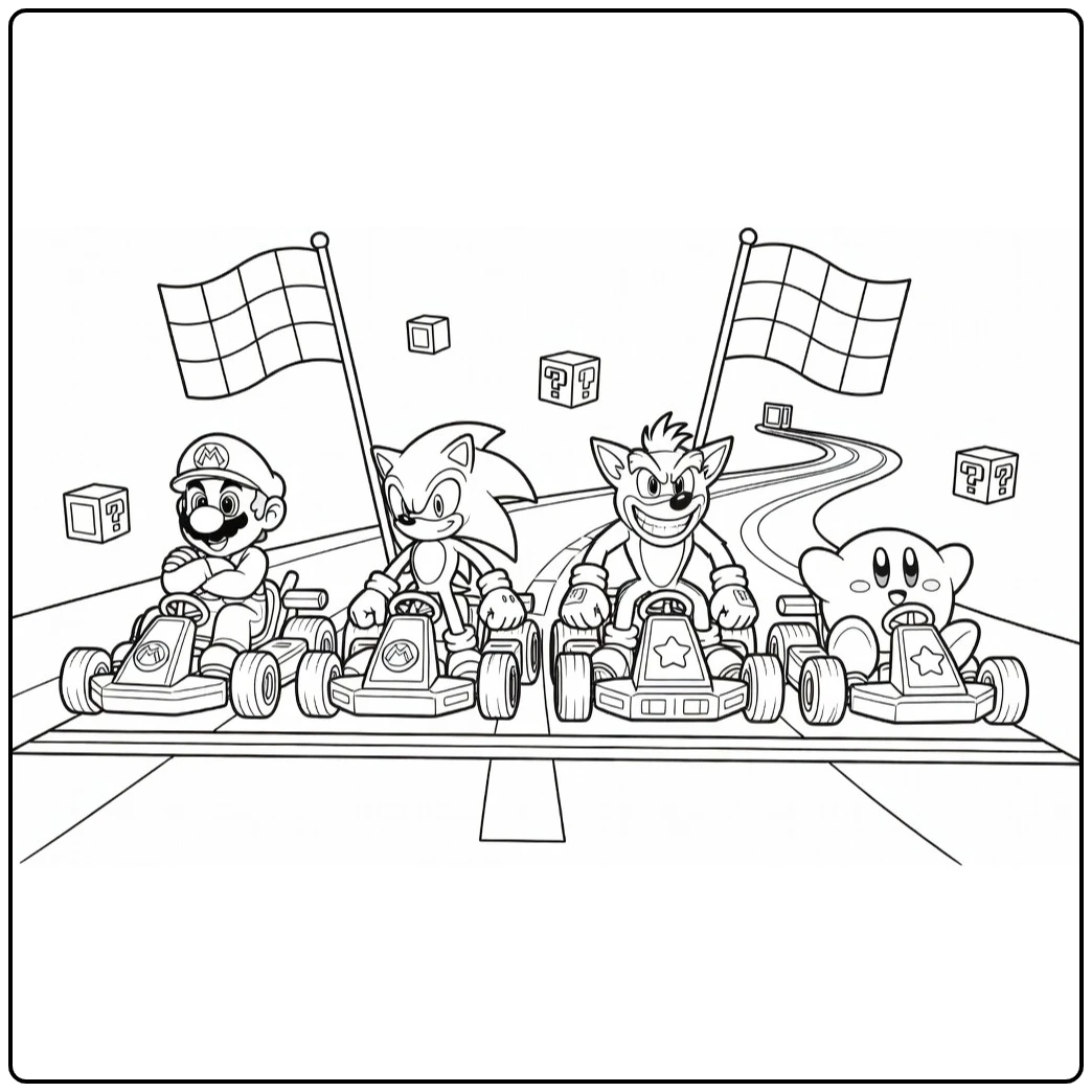 Game kleurplaat race Mario Sonic Crash Kirby scène