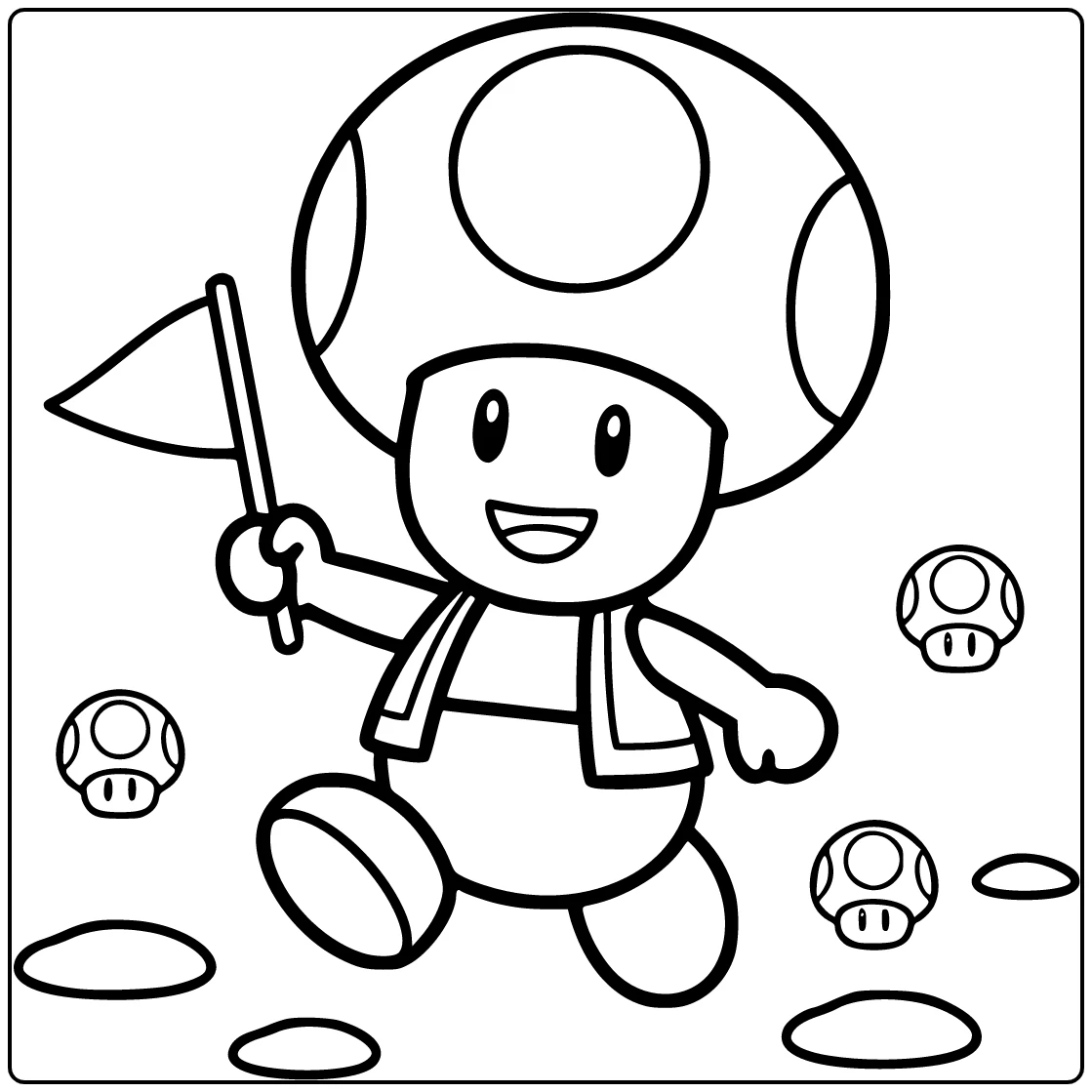 Toad Mario kleurplaat: Toad marcheert met vlaggetje