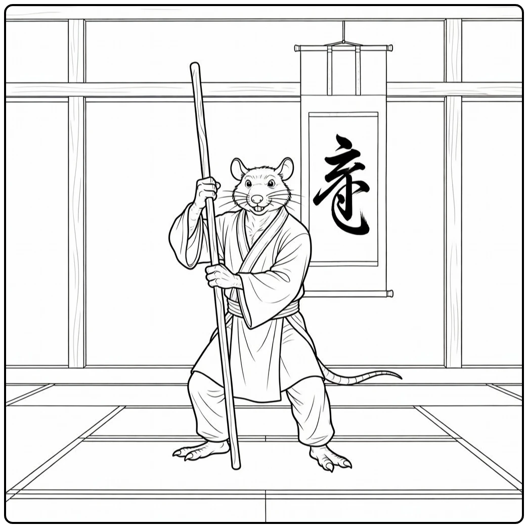 Master Splinter kleurplaat: kalm in dojo met staf
