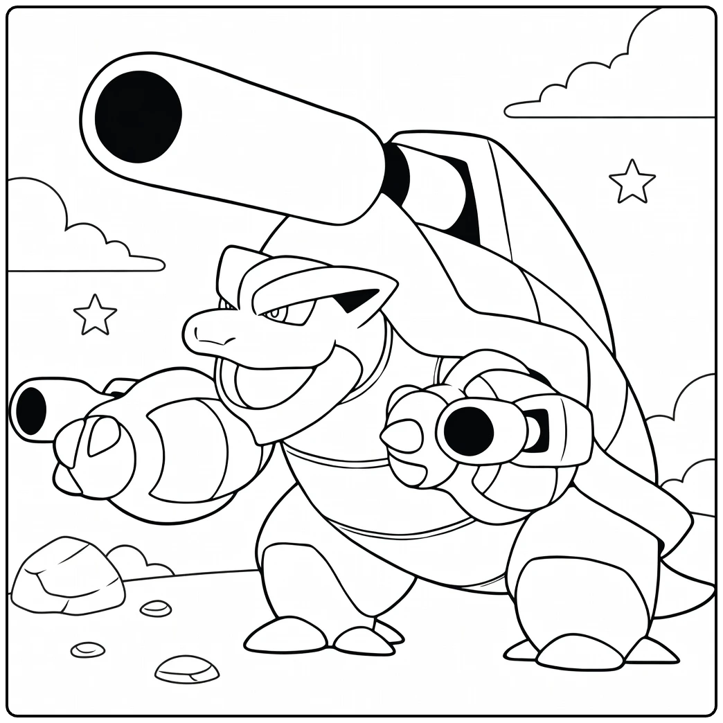 Mega Blastoise Water Pokemon Kleurplaat met kanonnen