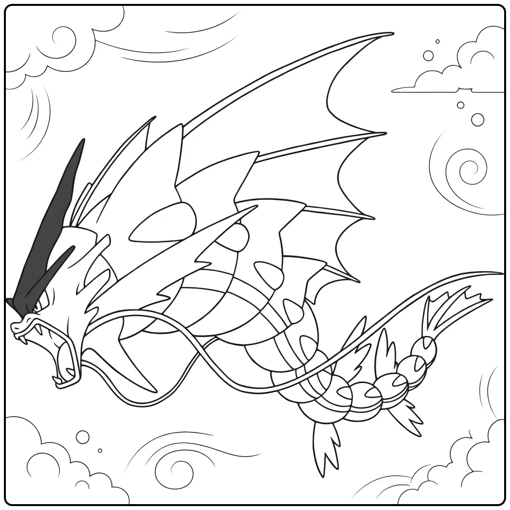 Mega Gyarados Water Pokemon Kleurplaat vliegend door stormwolken