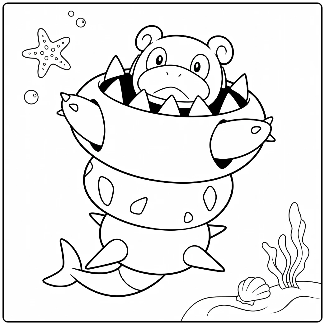 Mega Slowbro Water Pokemon Kleurplaat met vissen en zeewier