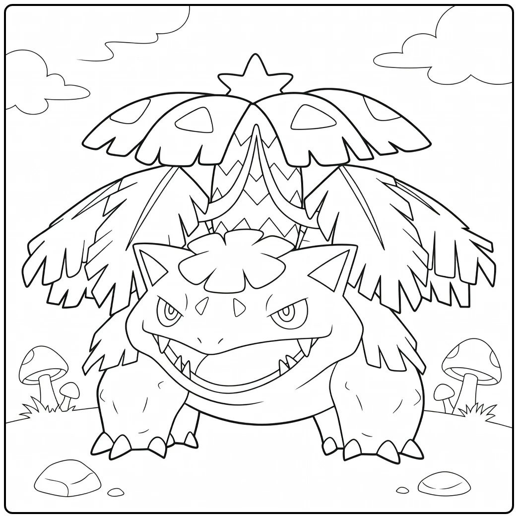 Mega Venusaur Kleurplaat met bloem, wolken en paddenstoelen