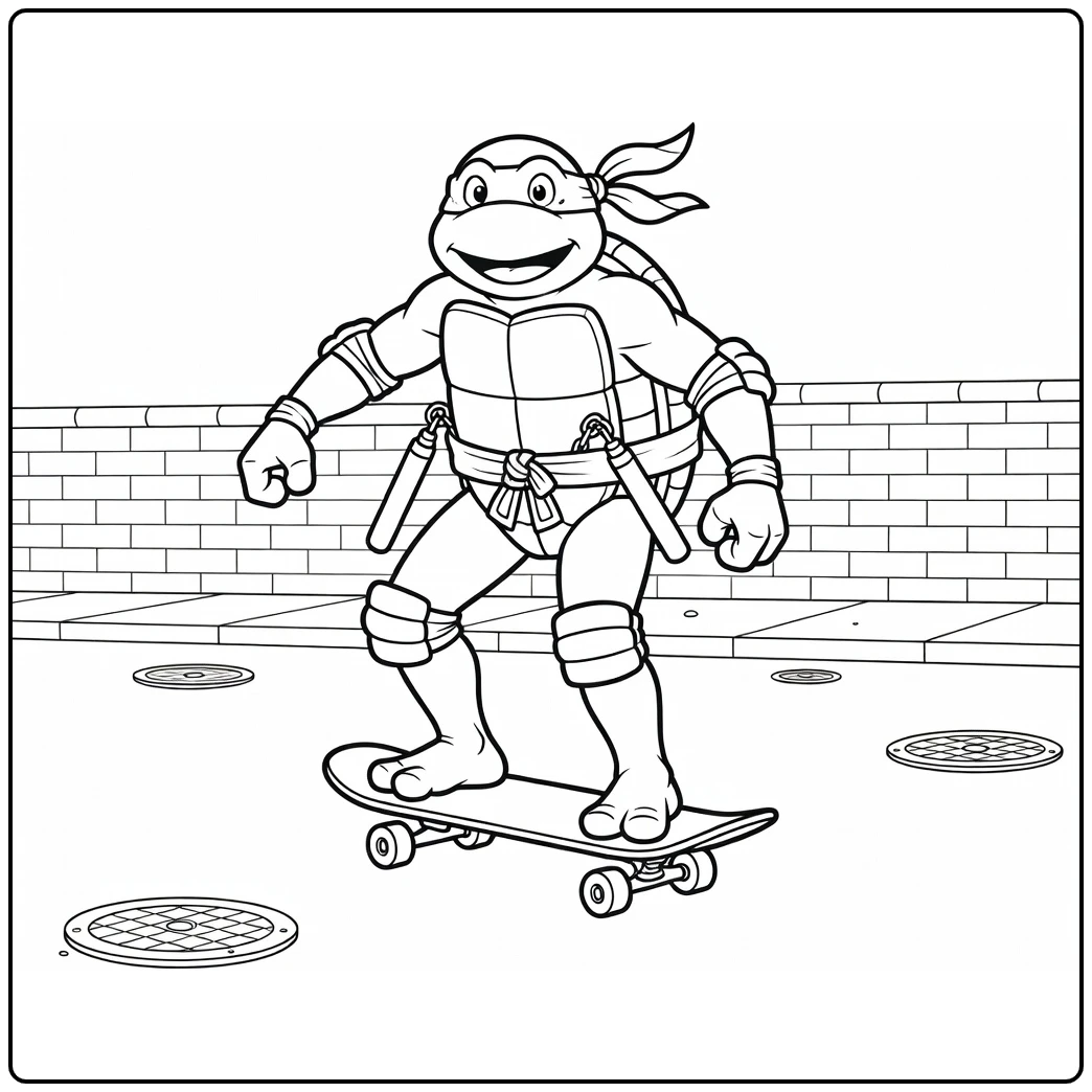 Michelangelo kleurplaat: skateboardend door stadstraat met nunchaku