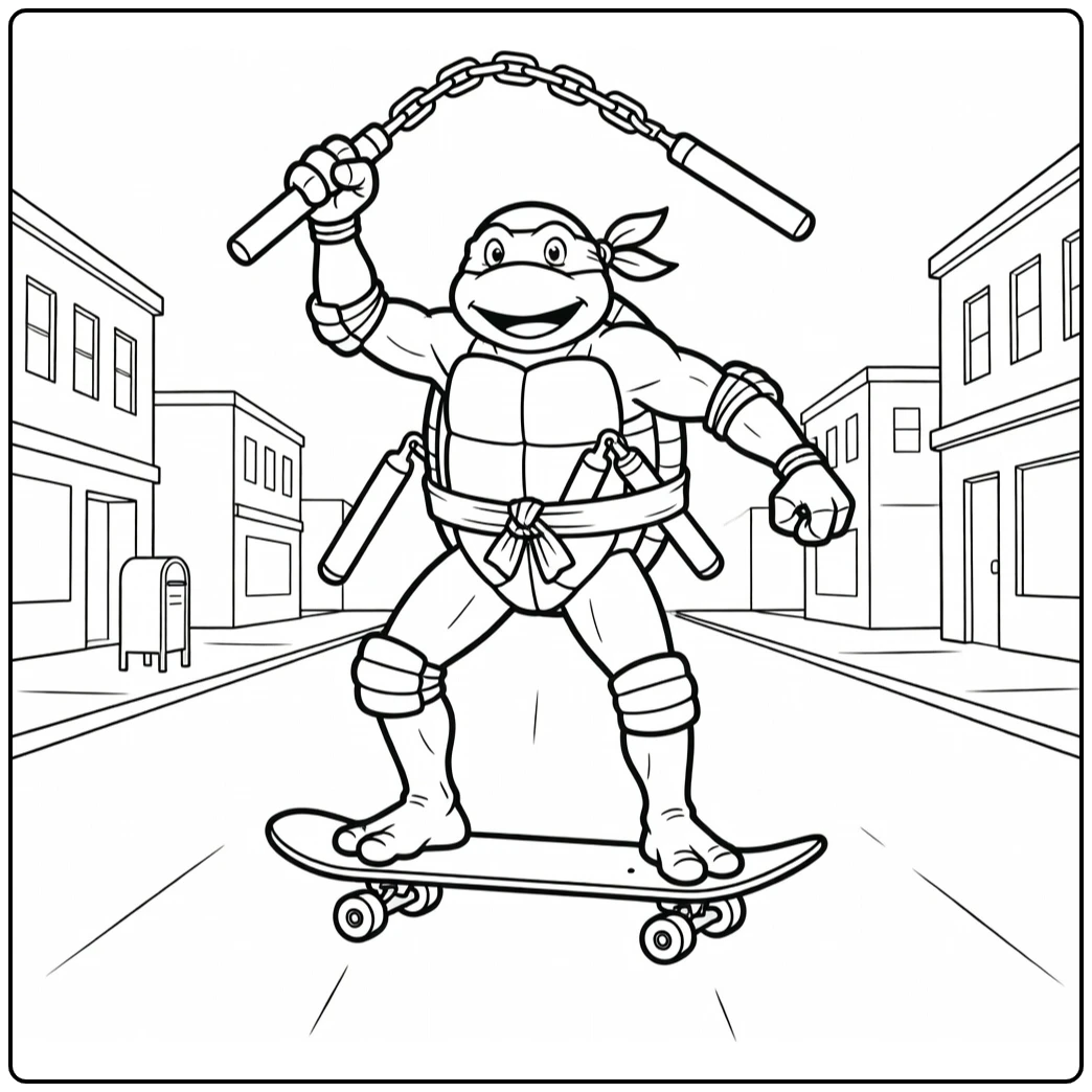 Michelangelo kleurplaat: skateboardend met nunchaku in stad
