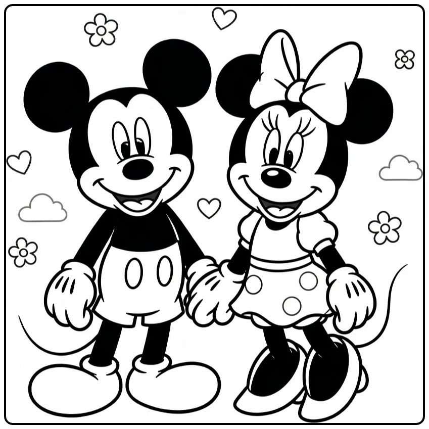 mickey en minnie mouse kleurplaat lachend hand in hand