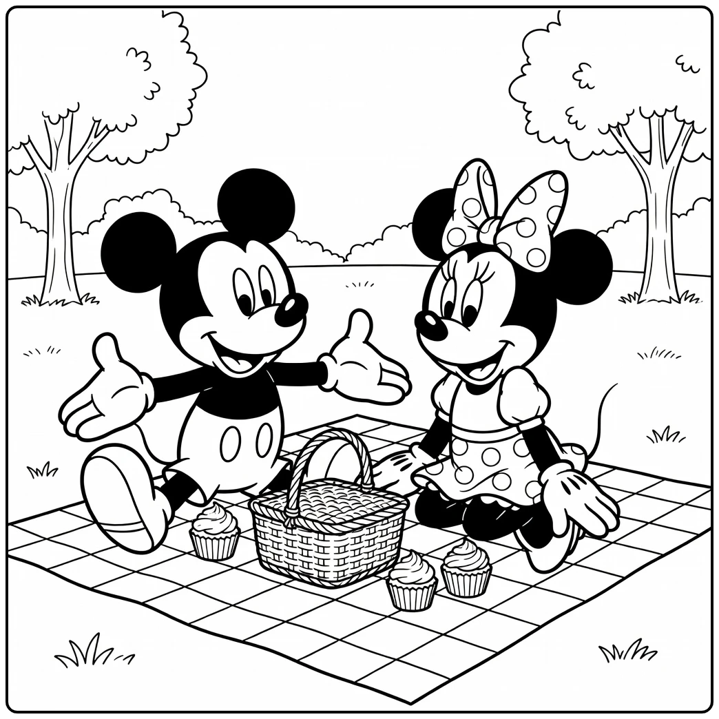 mickey en minnie mouse kleurplaat picknick geruite deken