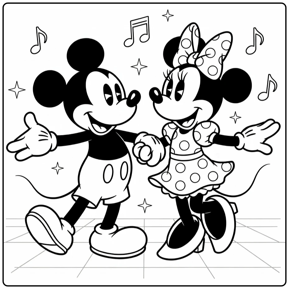 mickey en minnie mouse kleurplaat: dansend met noten sterren