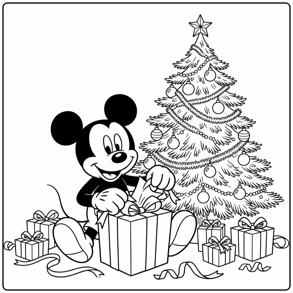 mickey mouse kerst kleurplaat: Mickey opent groot cadeau