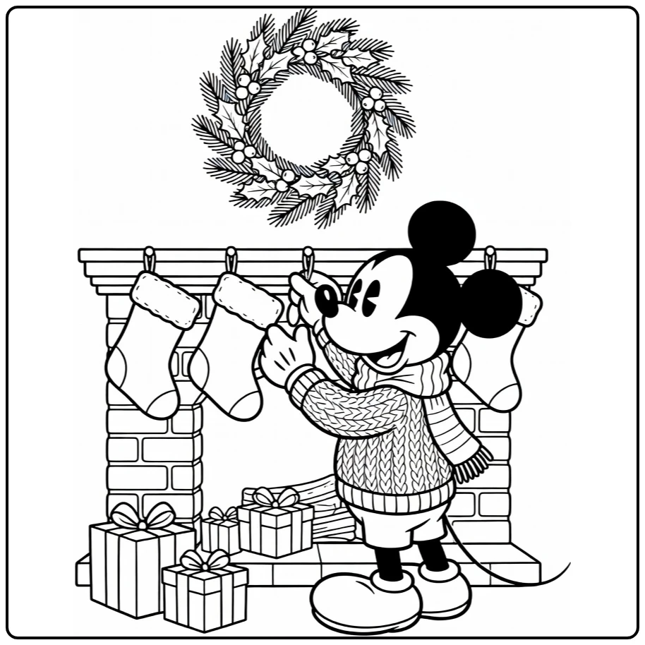 mickey mouse kerst kleurplaat: Mickey hangt sokken op bij haard