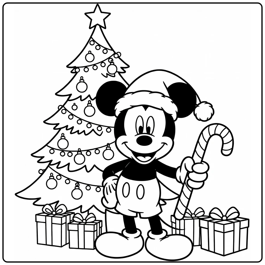 mickey mouse kerst kleurplaat met kerstmuts en suikerstok