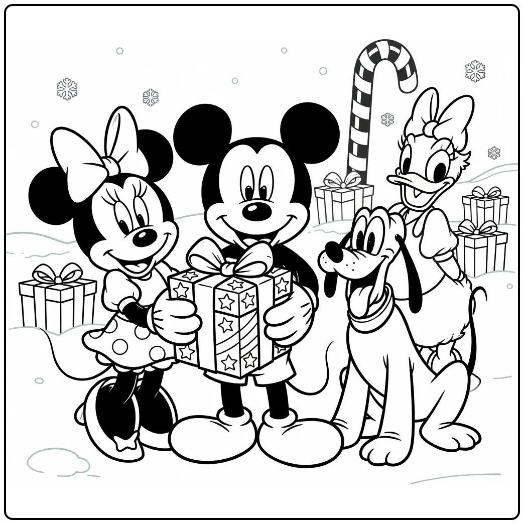 mickey mouse kerst kleurplaat met cadeau Minnie Pluto Daisy