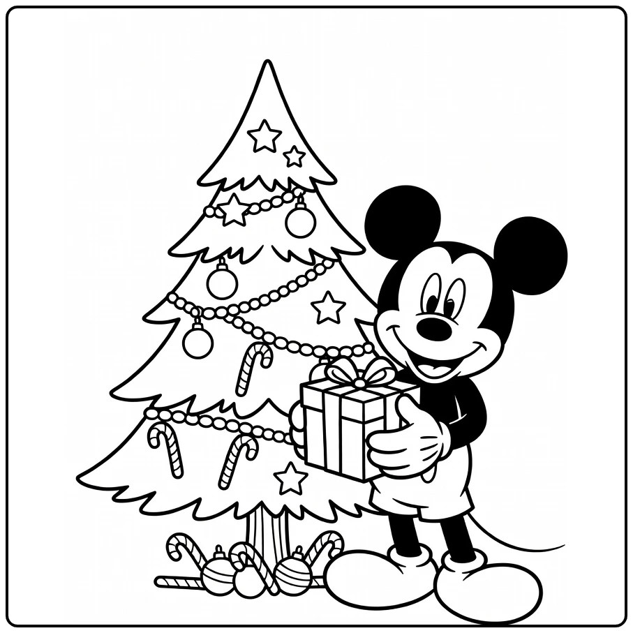 mickey mouse kerst kleurplaat: Mickey met cadeau bij boom