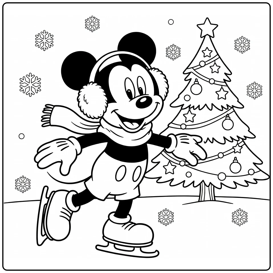 mickey mouse kerst kleurplaat schaatsend met sjaal en boom