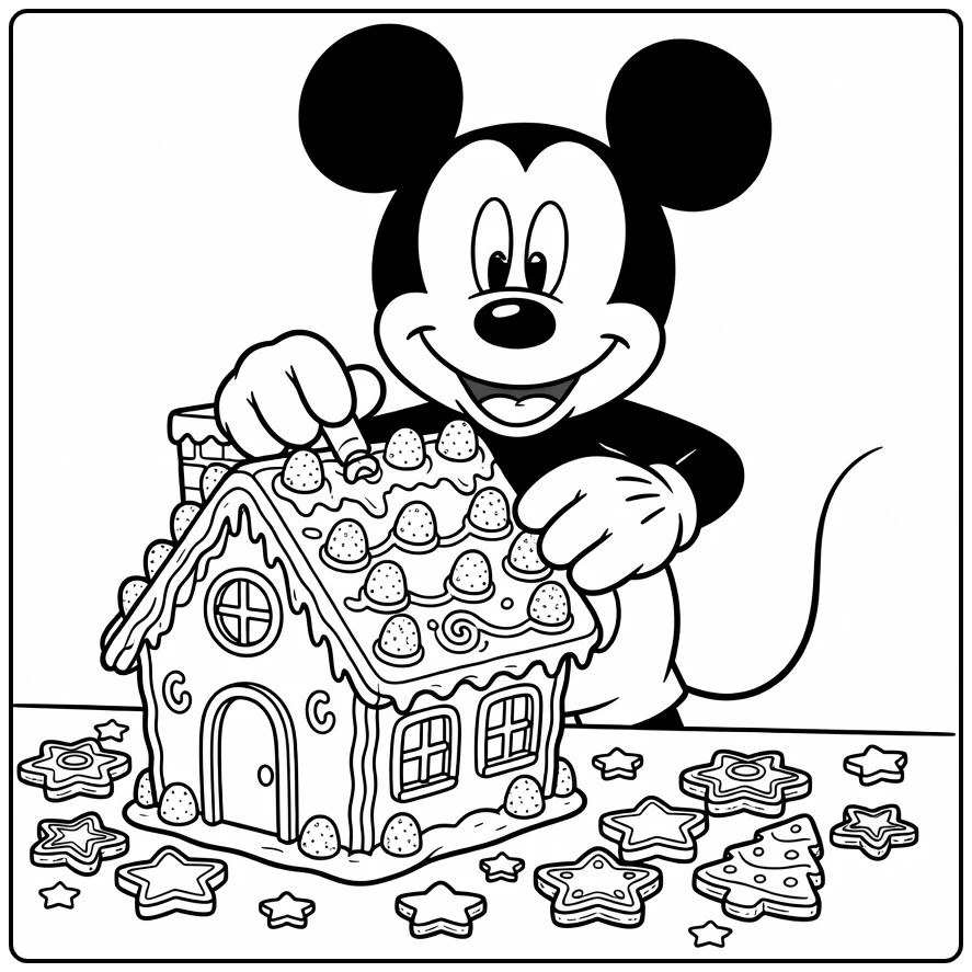 mickey mouse kerst kleurplaat - Mickey versiert peperkoekhuis