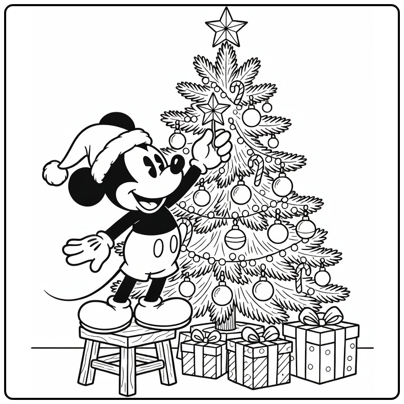 mickey mouse kerst kleurplaat: Mickey hangt ster op boom