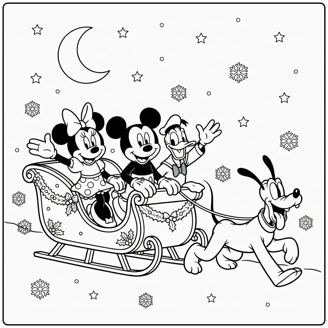 mickey mouse kerst kleurplaat: Mickey in slee met vrienden