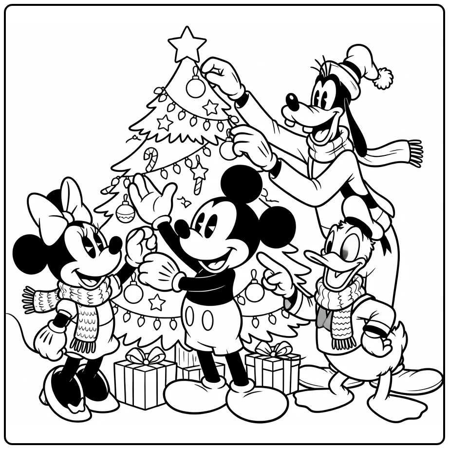 mickey mouse kerst kleurplaat: boom versieren met Minnie, Donald, Goofy