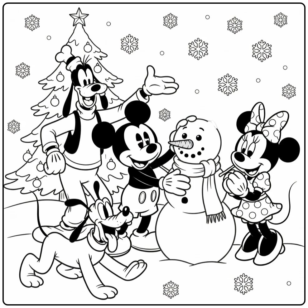 mickey mouse kerst kleurplaat sneeuwpop met Goofy Minnie