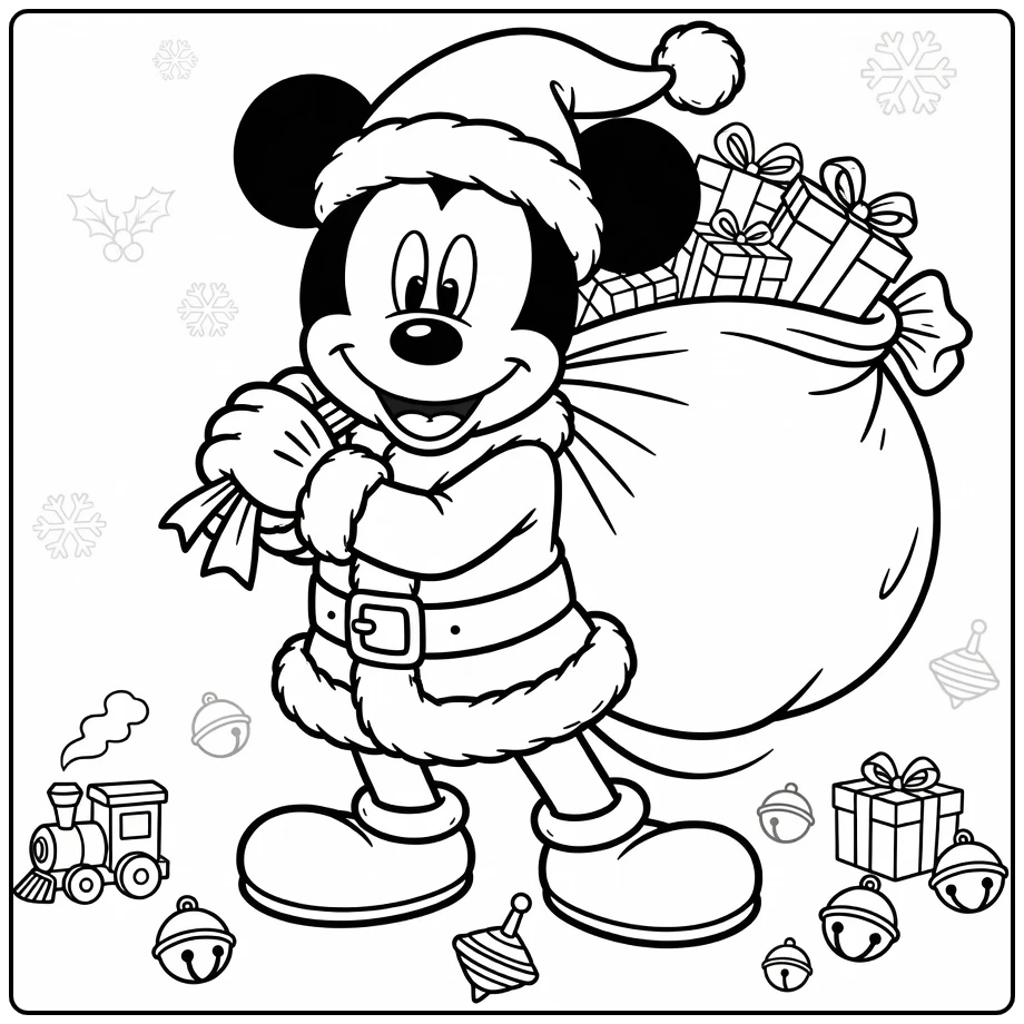 mickey mouse kerst kleurplaat Mickey als Kerstman met zak