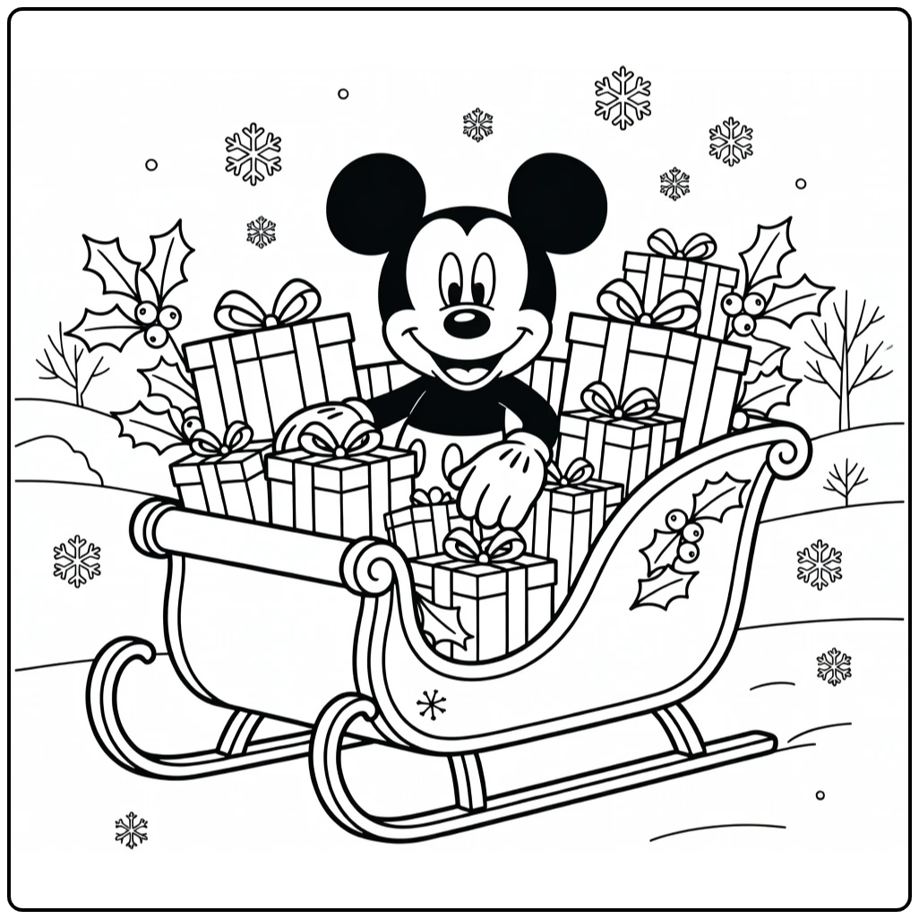 mickey mouse kerst kleurplaat: Mickey in slee vol cadeaus