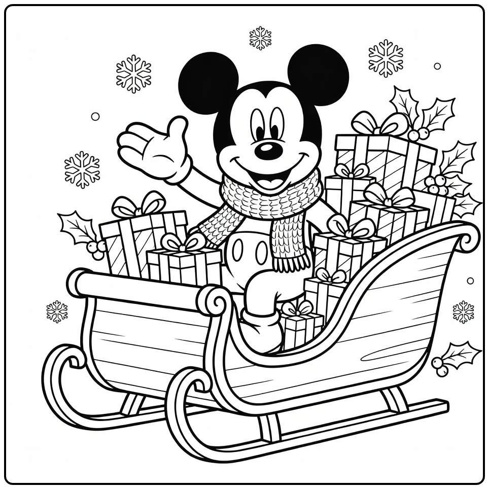 mickey mouse kerst kleurplaat: Mickey in knusse slee met pakjes