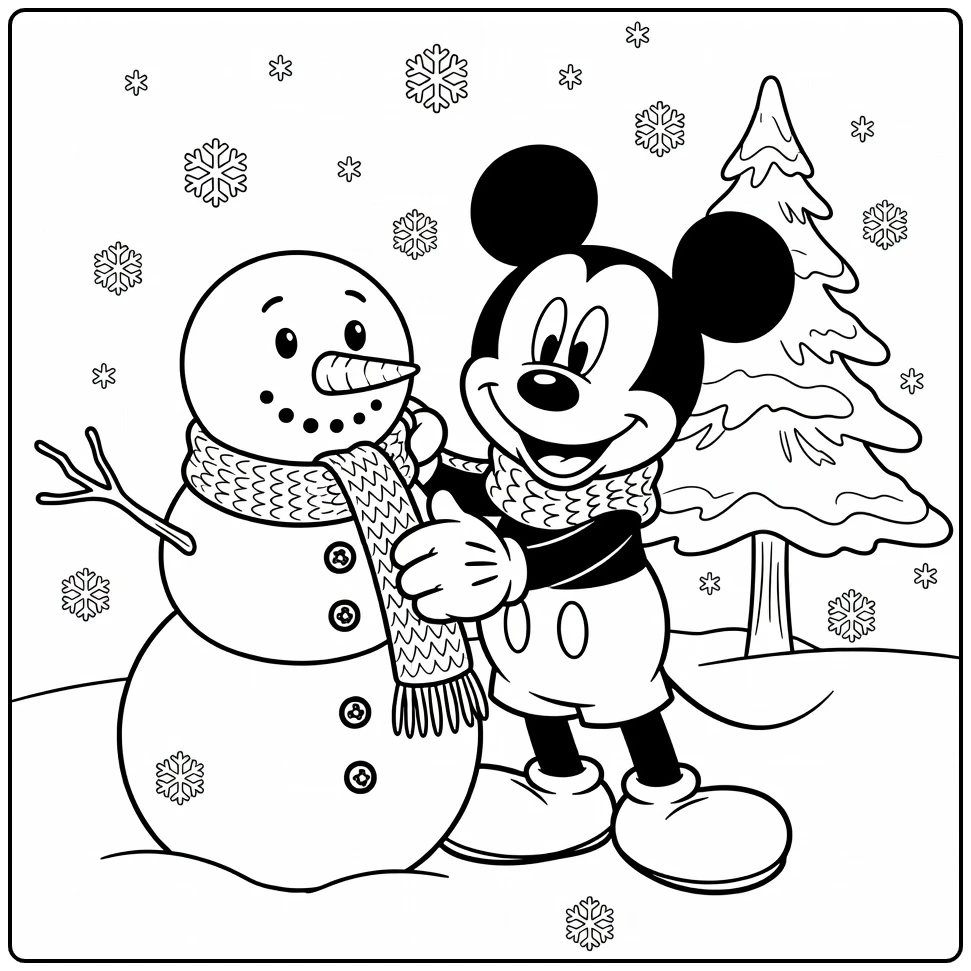 mickey mouse kerst kleurplaat: Mickey versiert sneeuwman