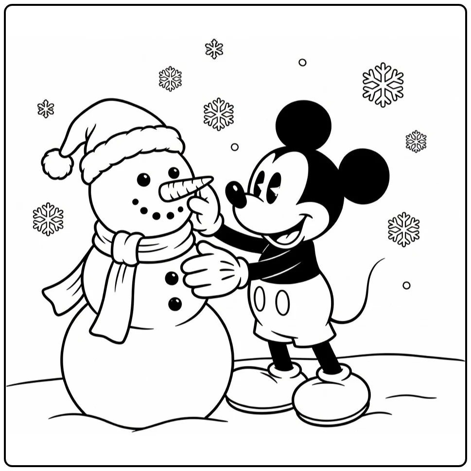 mickey mouse kerst kleurplaat: Mickey bouwt sneeuwpop met wortel