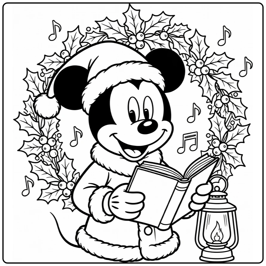 mickey mouse kerst kleurplaat: zingende Mickey met liedboek lantaarn