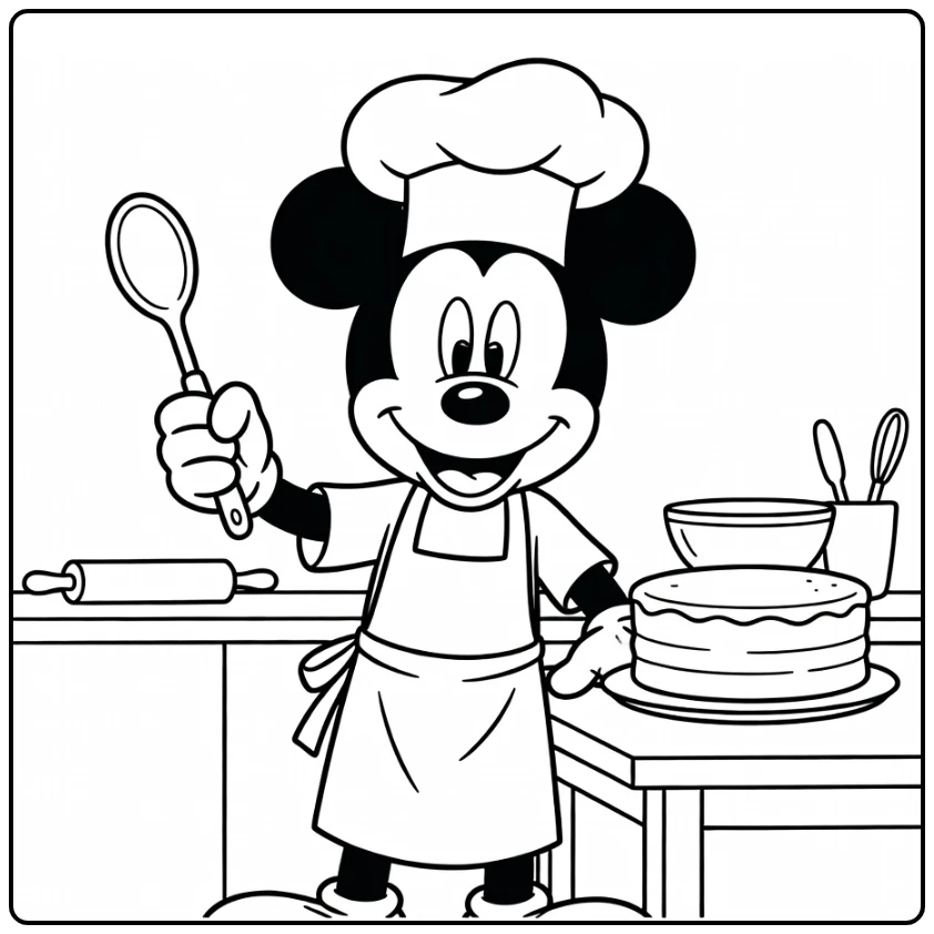 Mickey Mouse kleurplaat: vrolijke kok met lepel en taart