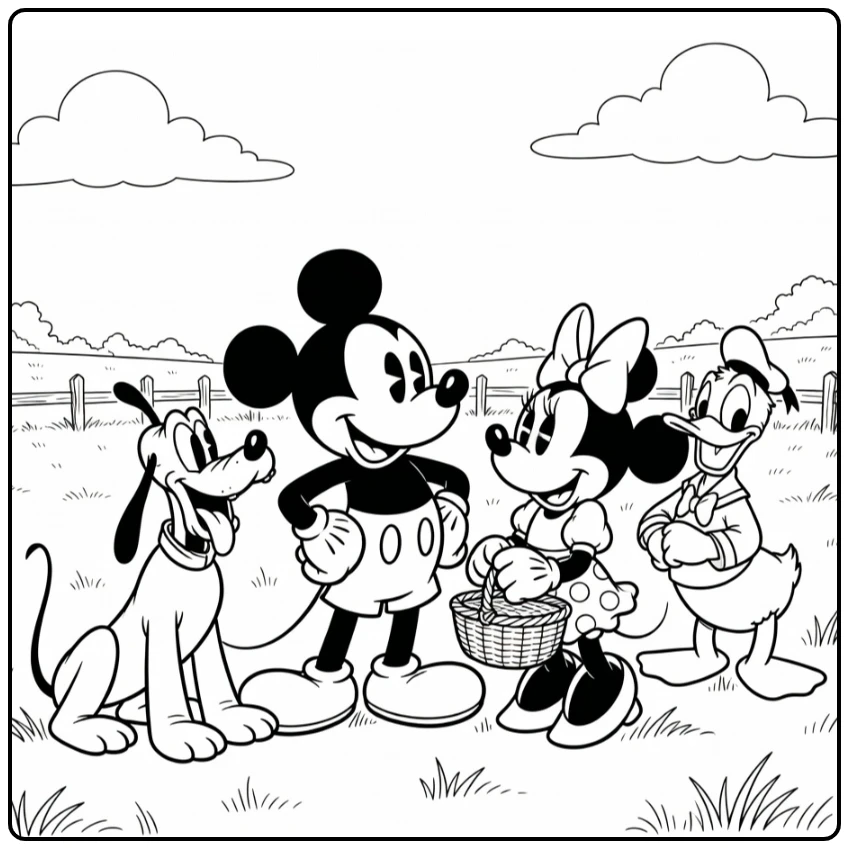 Mickey Mouse kleurplaat: held met Pluto, Minnie, Donald